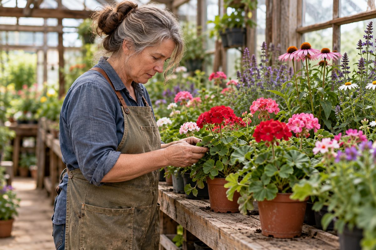 Grower Cynthia Bertrand inspecting healthy potted flowering plants inside The Farmer's Daughter greenhouse