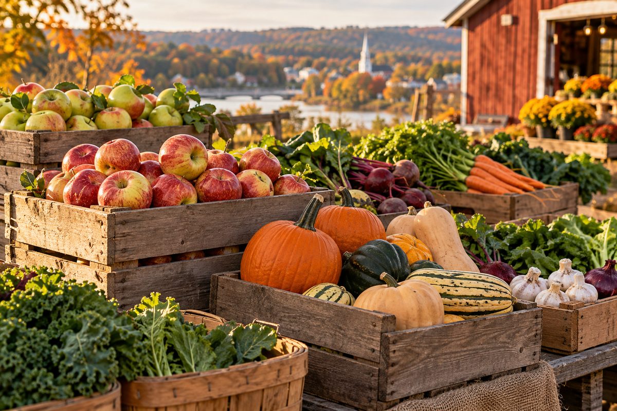 Fresh seasonal agricultural produce and harvest fruits displayed in wooden crates at the farmstand