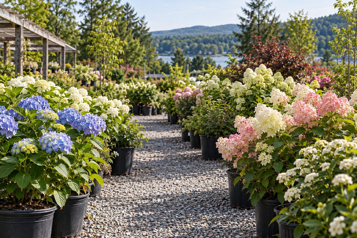 Container-grown flowering shrubs arranged in rows along outdoor gravel beds at Auburn nursery