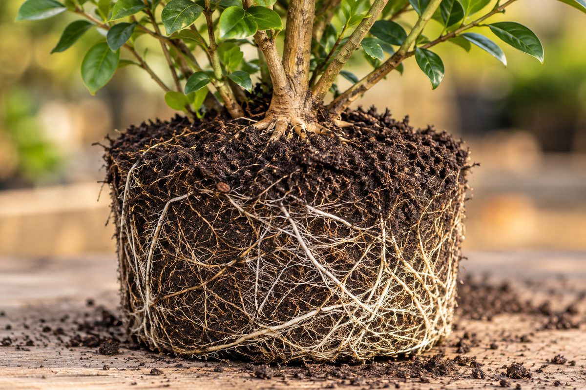 Detailed plate of a healthy nursery container root ball demonstrating root flare depth for the technical planting diagram