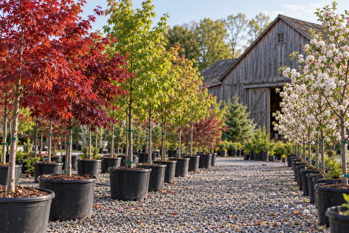 Young shade trees and flowering saplings in nursery containers ready for landscape planting